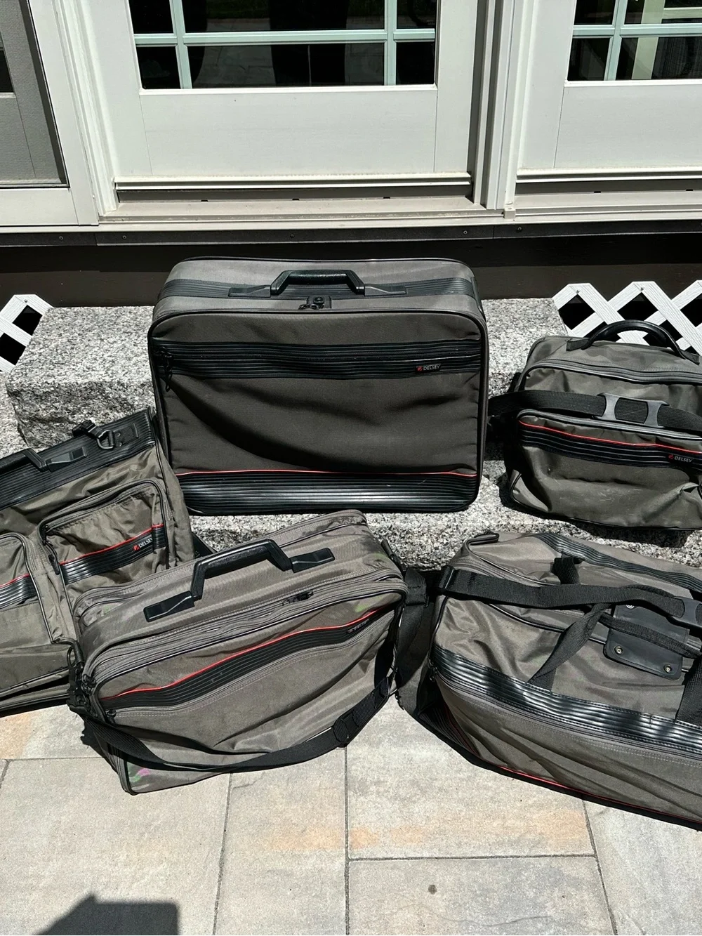 Vintage 5-Piece Delsey Paris Luggage Set Gray with Red Accent